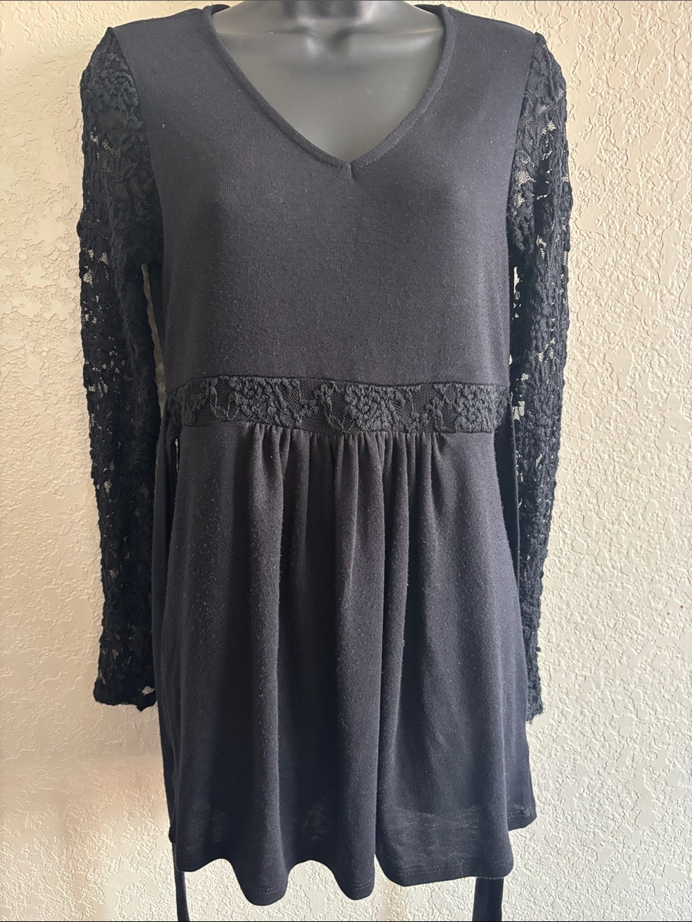 Motherhood Maternity Black Lace Sleeve V-Neck Smocked Waist Dress